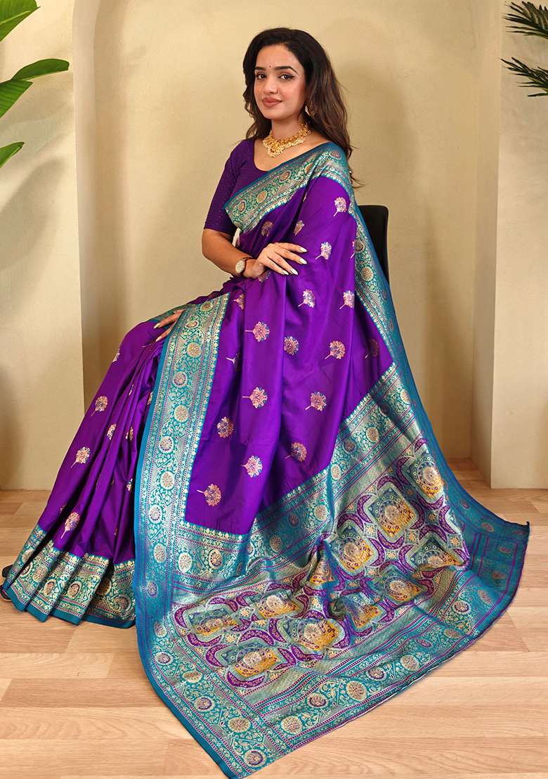 Purple Premium Weaving Benarasi Sarees Pure Soft Banarasi Silk Blend Saree Set With Blouse - Indya