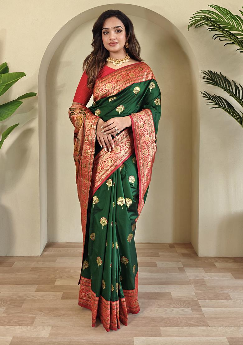 Green Premium Weaving Benarasi Sarees Pure Soft Banarasi Silk Saree Set With Blouse