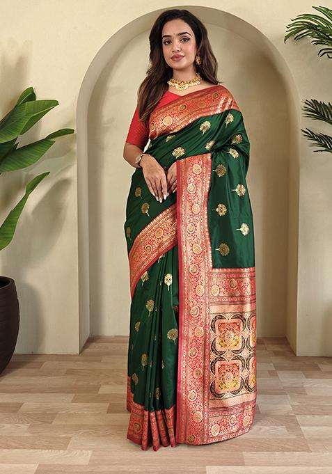 Green Premium Weaving Benarasi Sarees Pure Soft Banarasi Silk Saree Set With Blouse — view on Indya