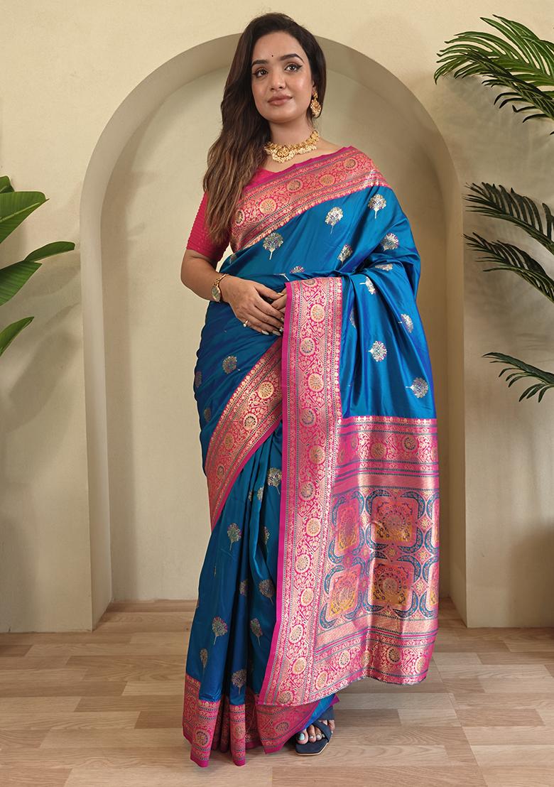 Sky Blue Premium Weaving Benarasi Sarees Pure Soft Banarasi Silk Saree Set With Blouse