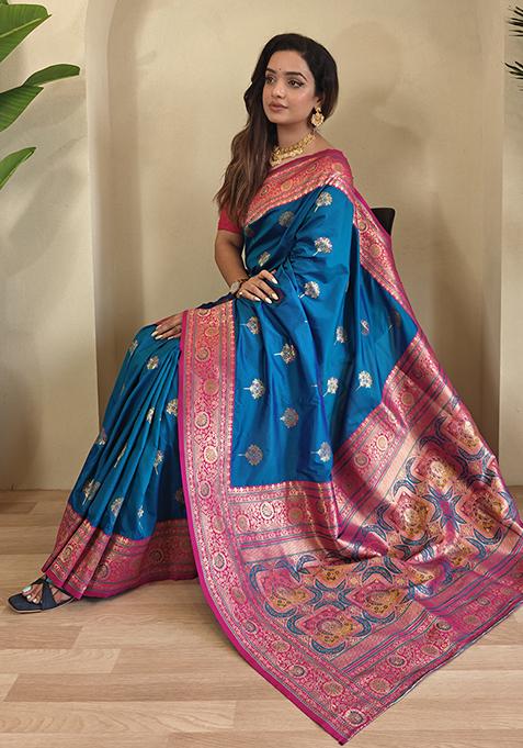 Sky Blue Premium Weaving Benarasi Sarees Pure Soft Banarasi Silk Saree Set With Blouse — view on Indya