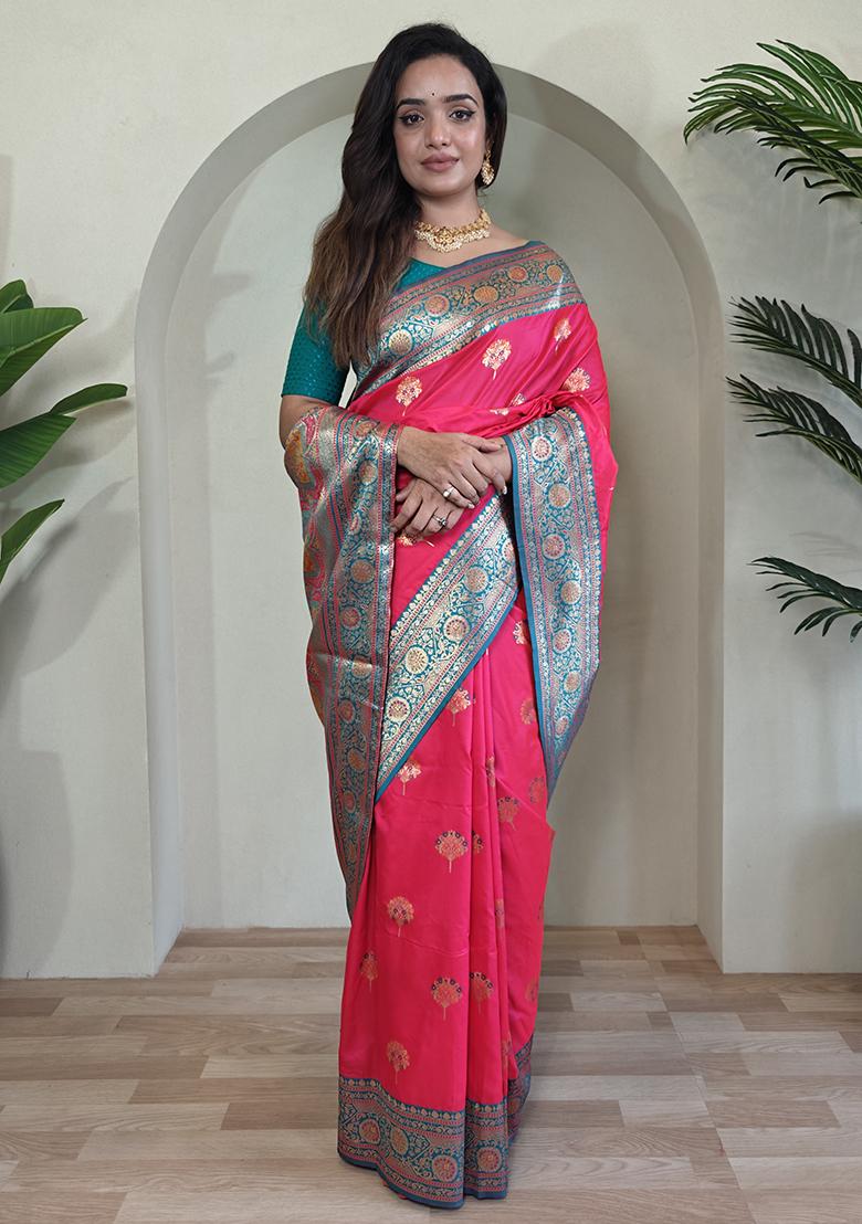 Pink Premium Weaving Benarasi Sarees Pure Soft Banarasi Silk Saree Set With Blouse