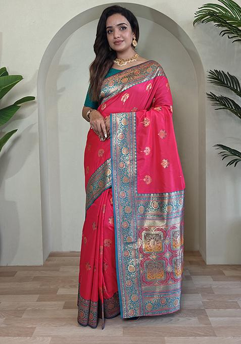 Pink Premium Weaving Benarasi Sarees Pure Soft Banarasi Silk Saree Set With Blouse — view on Indya