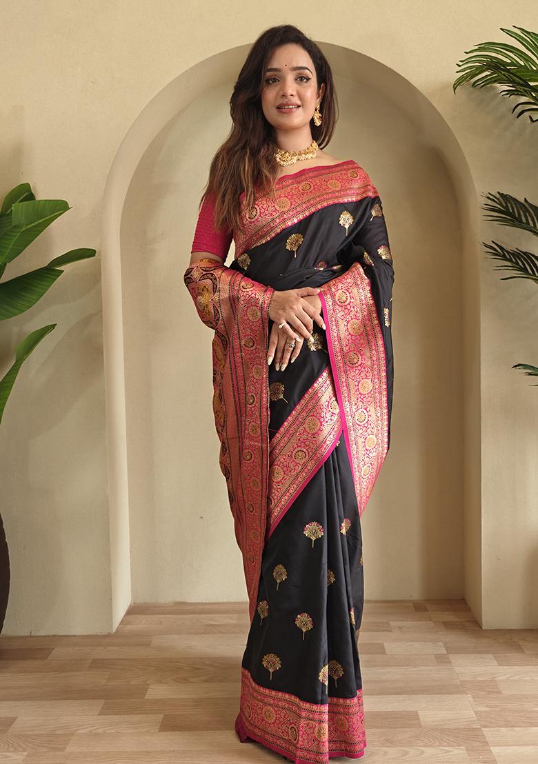 Black Premium Weaving Benarasi Sarees Pure Soft Banarasi Silk Saree Set With Blouse