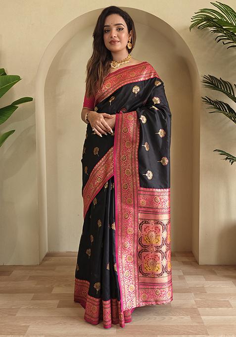 Black Premium Weaving Benarasi Sarees Pure Soft Banarasi Silk Saree Set With Blouse — view on Indya