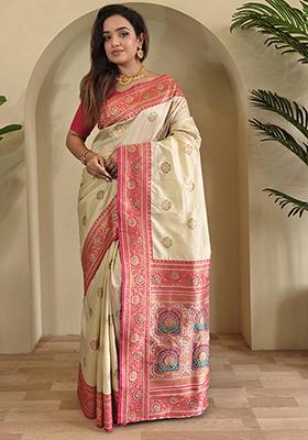 Cream Premium Weaving Benarasi Sarees Pure Soft Banarasi Silk Saree Set With Blouse