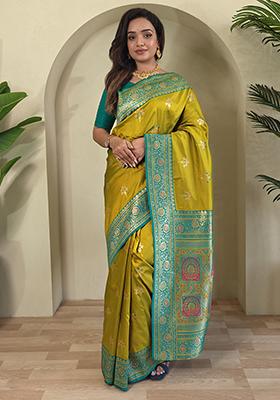 Mustard Yellow Premium Weaving Benarasi Sarees Pure Soft Banarasi Silk Saree Set With Blouse