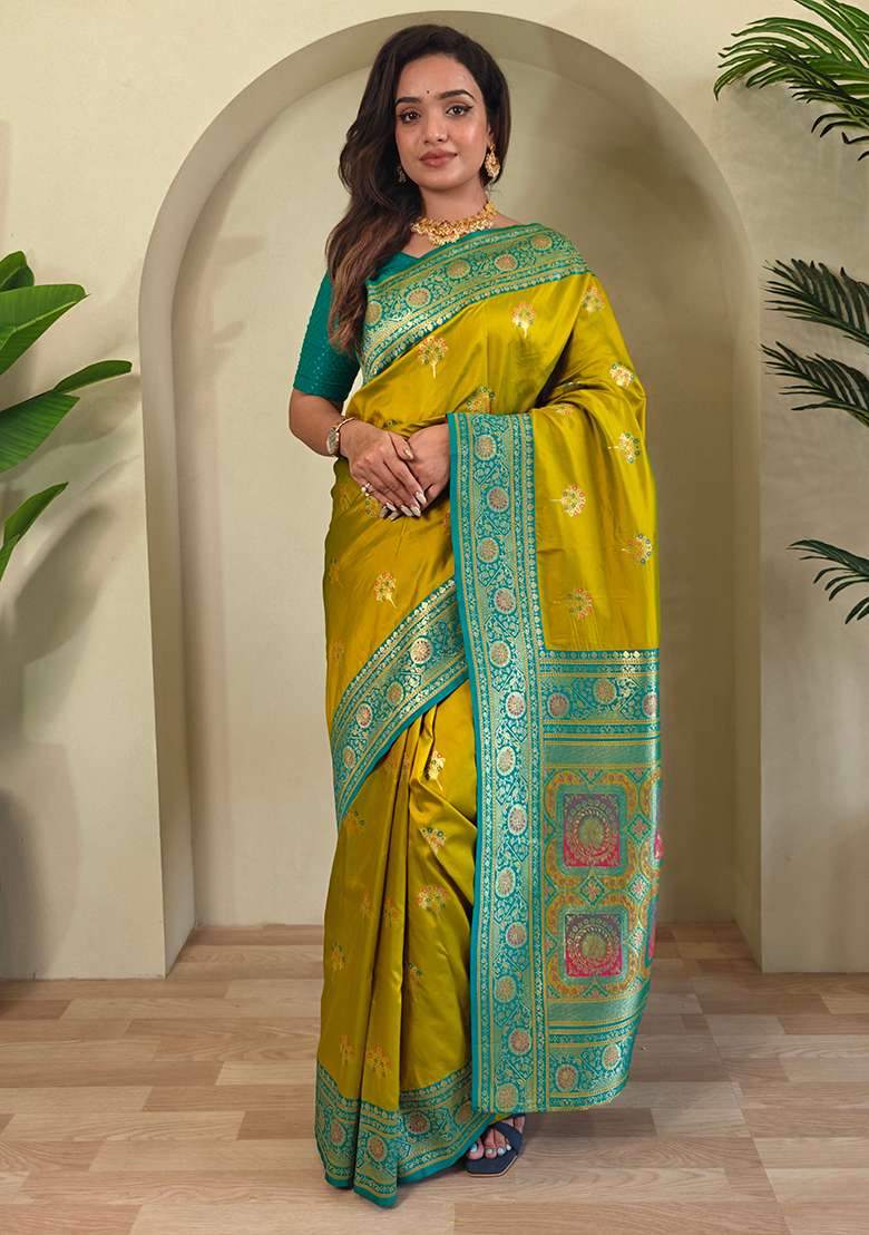 Mustard Yellow Premium Weaving Benarasi Sarees Pure Soft Banarasi Silk Blend Saree Set With Blouse - Indya