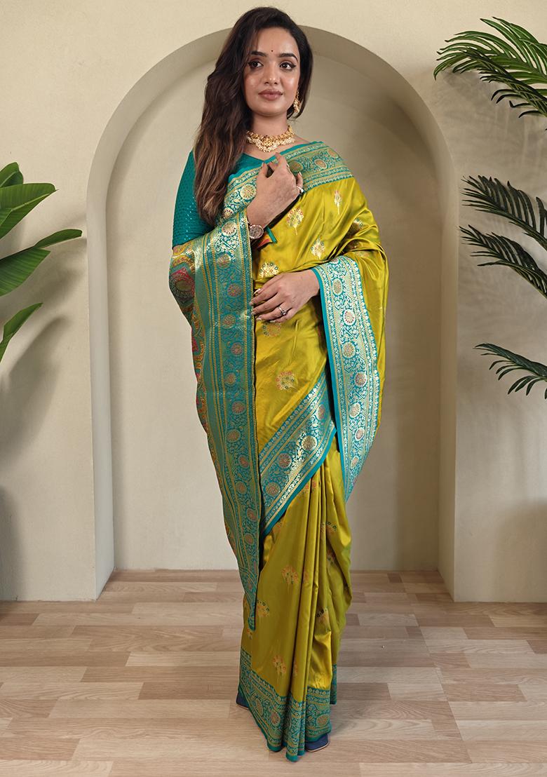 Mustard Yellow Premium Weaving Benarasi Sarees Pure Soft Banarasi Silk Saree Set With Blouse