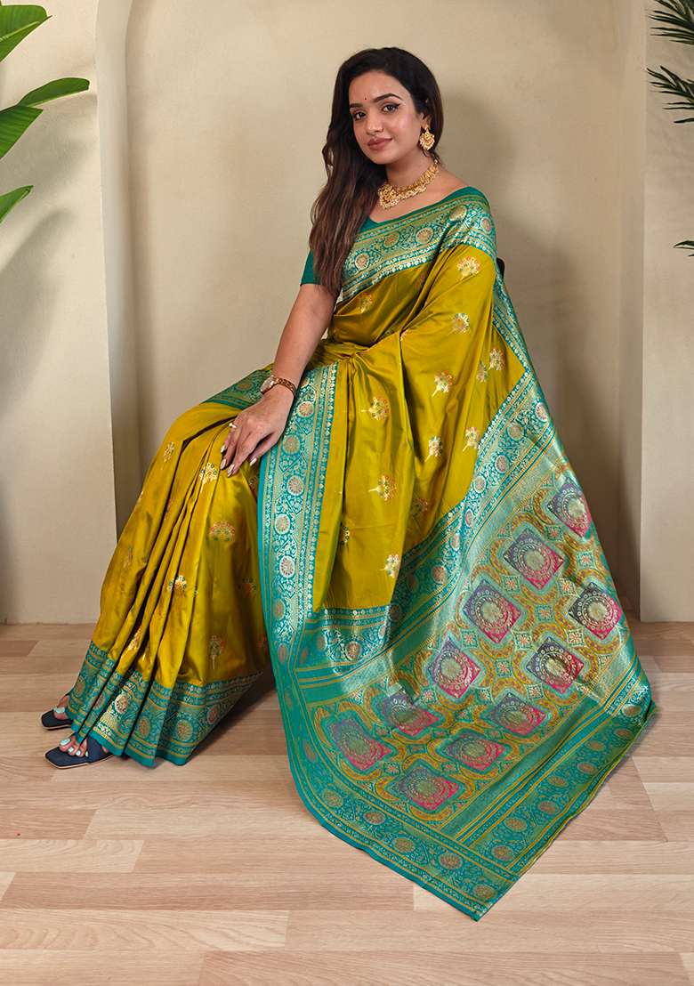 Mustard Yellow Premium Weaving Benarasi Sarees Pure Soft Banarasi Silk Blend Saree Set With Blouse - Indya