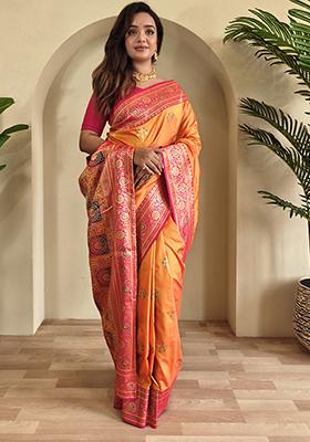 Orange Premium Weaving Benarasi Sarees Pure Soft Banarasi Silk Saree Set With Blouse