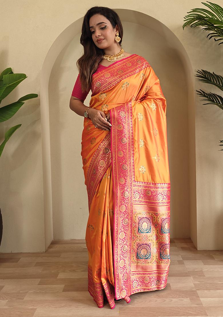 Orange Premium Weaving Benarasi Sarees Pure Soft Banarasi Silk Saree Set With Blouse