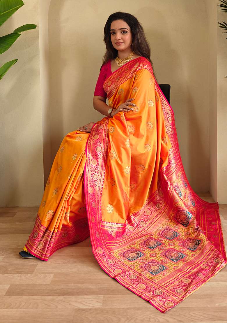 Orange Premium Weaving Benarasi Sarees Pure Soft Banarasi Silk Blend Saree Set With Blouse - Indya