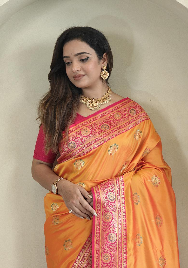 Orange Premium Weaving Benarasi Sarees Pure Soft Banarasi Silk Saree Set With Blouse