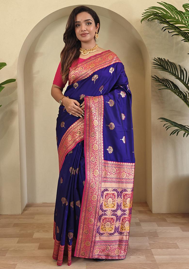 Blue Premium Weaving Benarasi Sarees Pure Soft Banarasi Silk Saree Set With Blouse