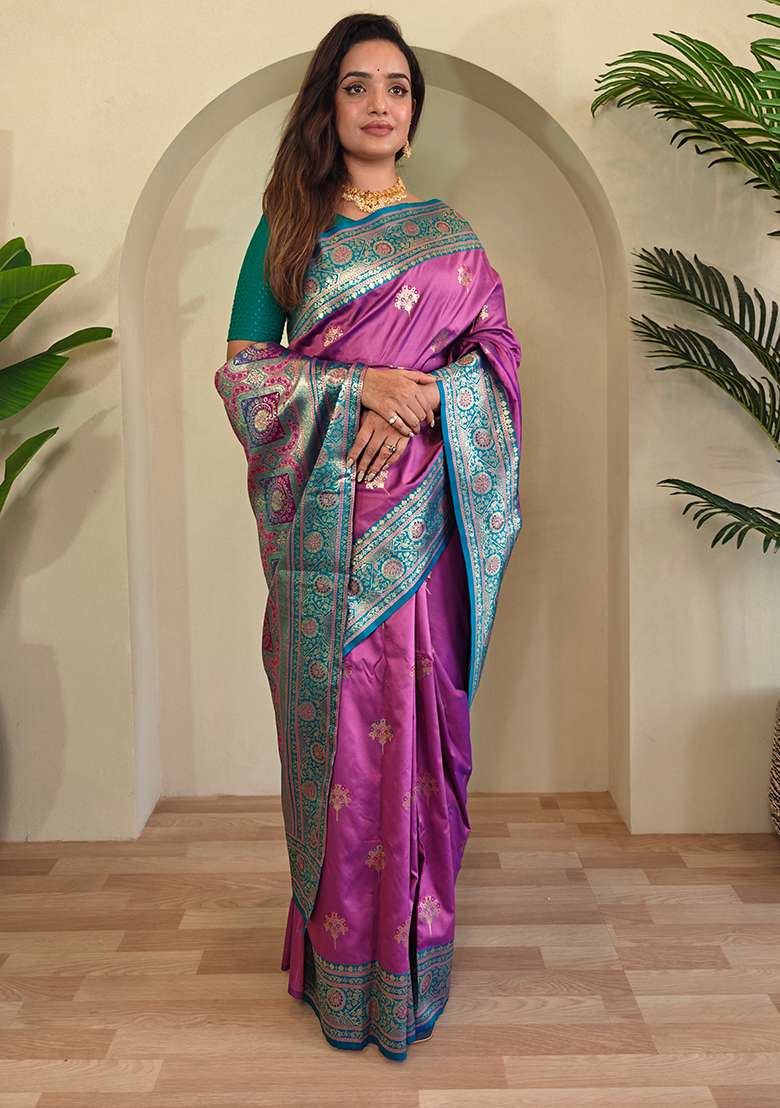 Light Purple Premium Weaving Benarasi Sarees Pure Soft Banarasi Silk Blend Saree Set With Blouse - Indya