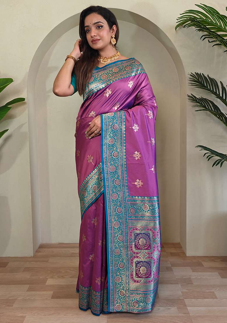Light Purple Premium Weaving Benarasi Sarees Pure Soft Banarasi Silk Blend Saree Set With Blouse - Indya