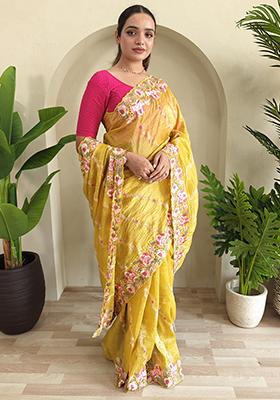 Yellow Leheriya Pure Crush Silk Saree Set With Blouse