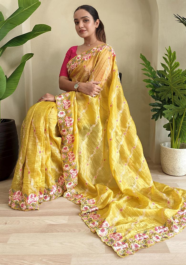 Yellow Leheriya Pure Crush Silk Saree Set With Blouse