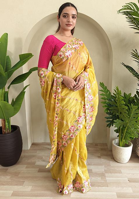 Yellow Leheriya Pure Crush Silk Saree Set With Blouse — view on Indya
