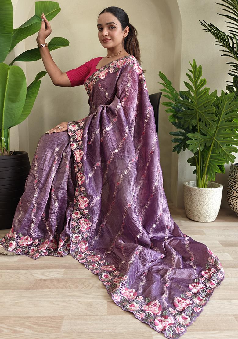 Purple Leheriya Pure Crush Silk Saree Set With Blouse