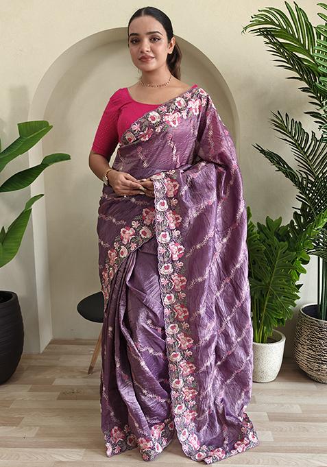Purple Leheriya Pure Crush Silk Saree Set With Blouse — view on Indya