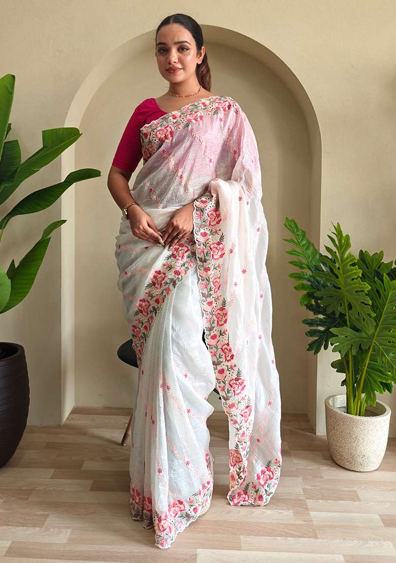 White Leheriya Pure Crush Silk Saree Set With Blouse - Indya