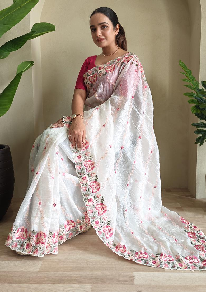 White Leheriya Pure Crush Silk Saree Set With Blouse