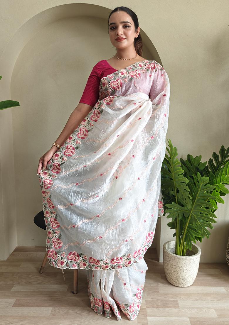 White Leheriya Pure Crush Silk Saree Set With Blouse