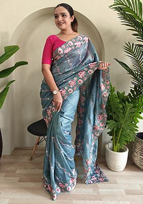 Blue Leheriya Pure Crush Silk Saree Set With Blouse