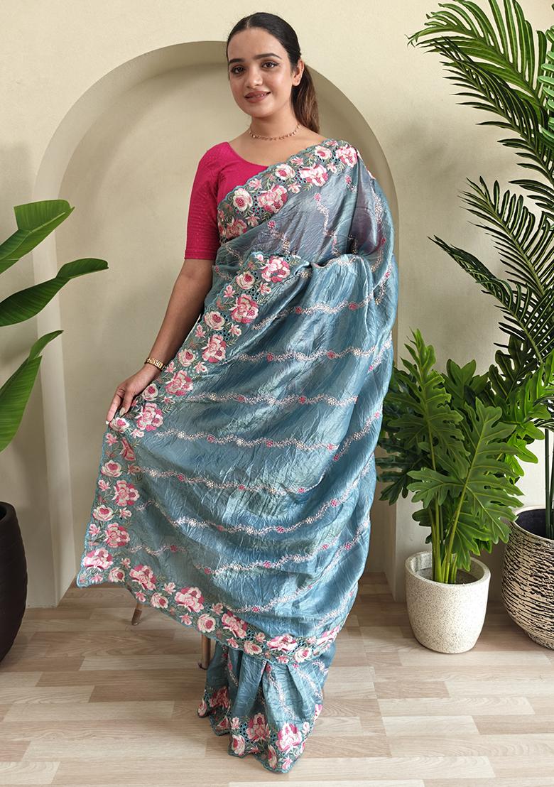 Blue Leheriya Pure Crush Silk Saree Set With Blouse