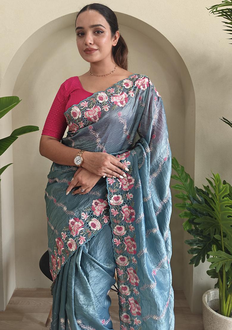 Blue Leheriya Pure Crush Silk Saree Set With Blouse