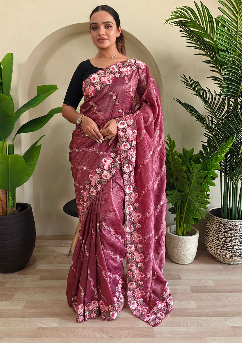 Pink Leheriya Pure Crush Silk Saree Set With Blouse - Indya