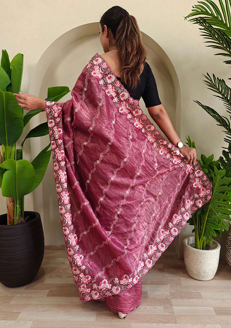Pink Leheriya Pure Crush Silk Saree Set With Blouse - Indya