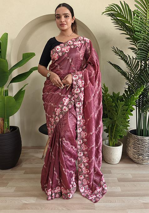 Pink Leheriya Pure Crush Silk Saree Set With Blouse — view on Indya