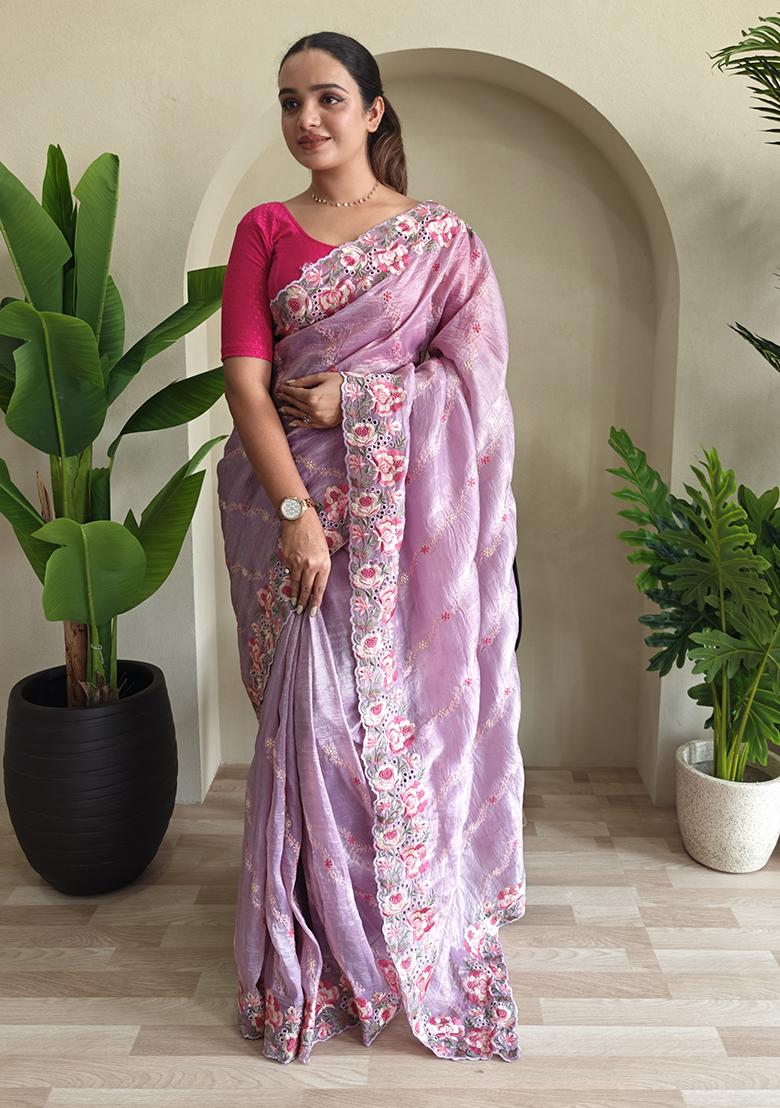Lavender Leheriya Pure Crush Silk Saree Set With Blouse