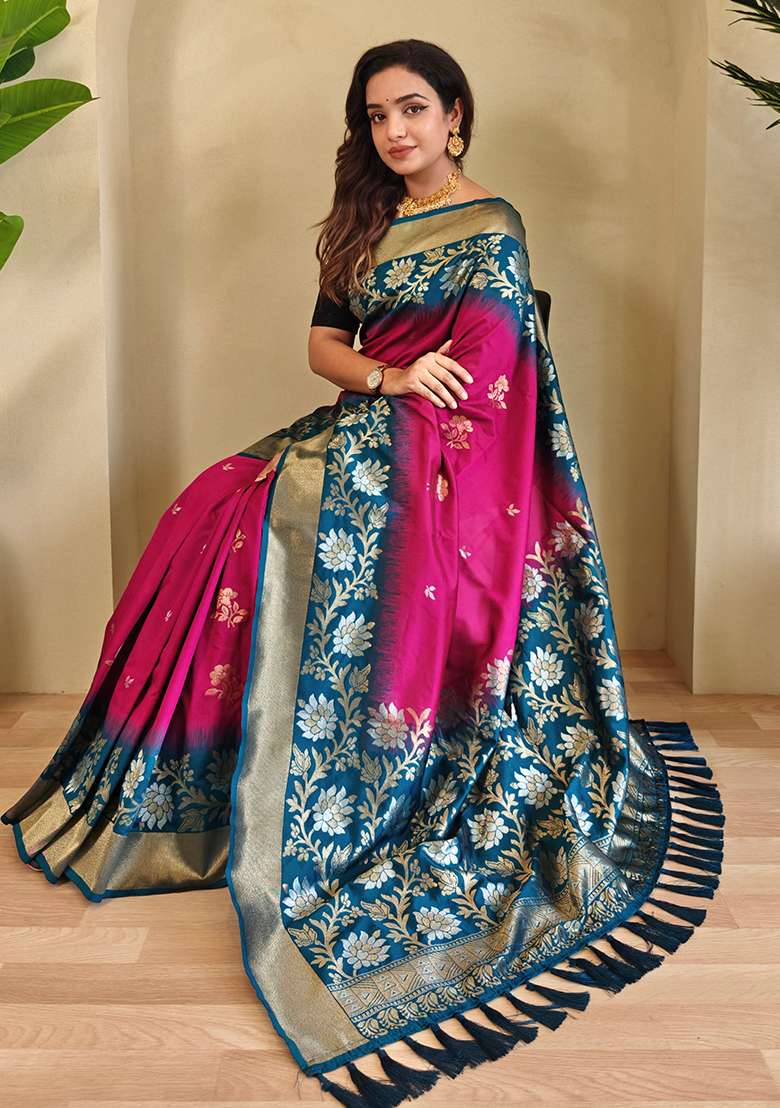 Pink Embroidered Soft Silk Blend Saree Set With Blouse - Indya
