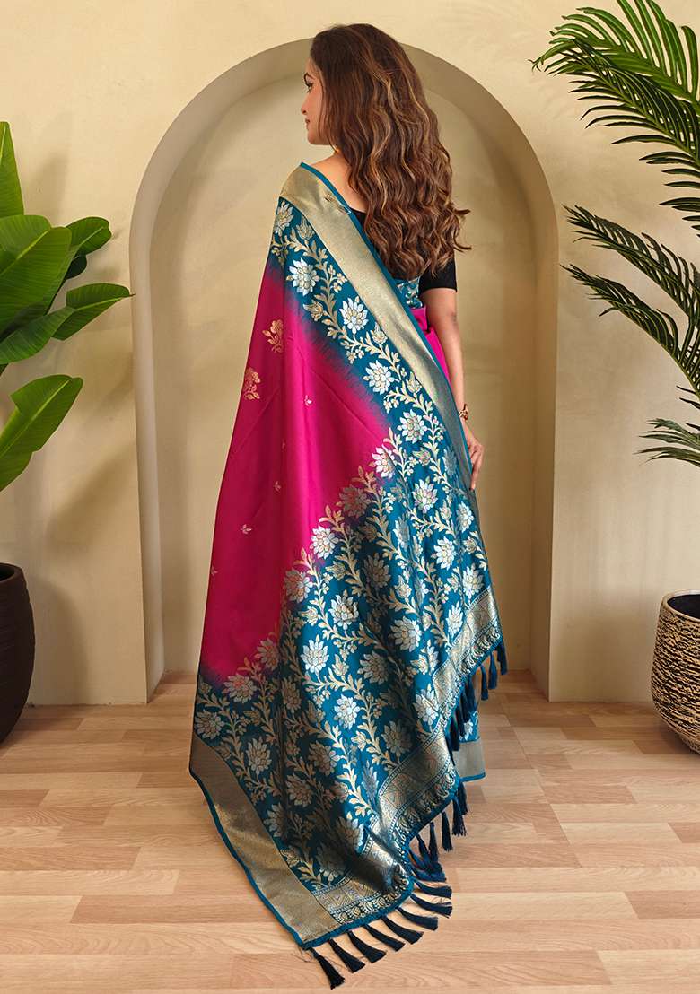 Pink Embroidered Soft Silk Blend Saree Set With Blouse - Indya
