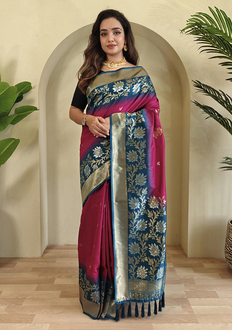 Pink Embroidered Soft Silk Saree Set With Blouse