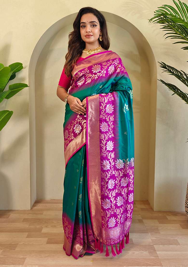 Green Embroidered Soft Silk Blend Saree Set With Blouse - Indya