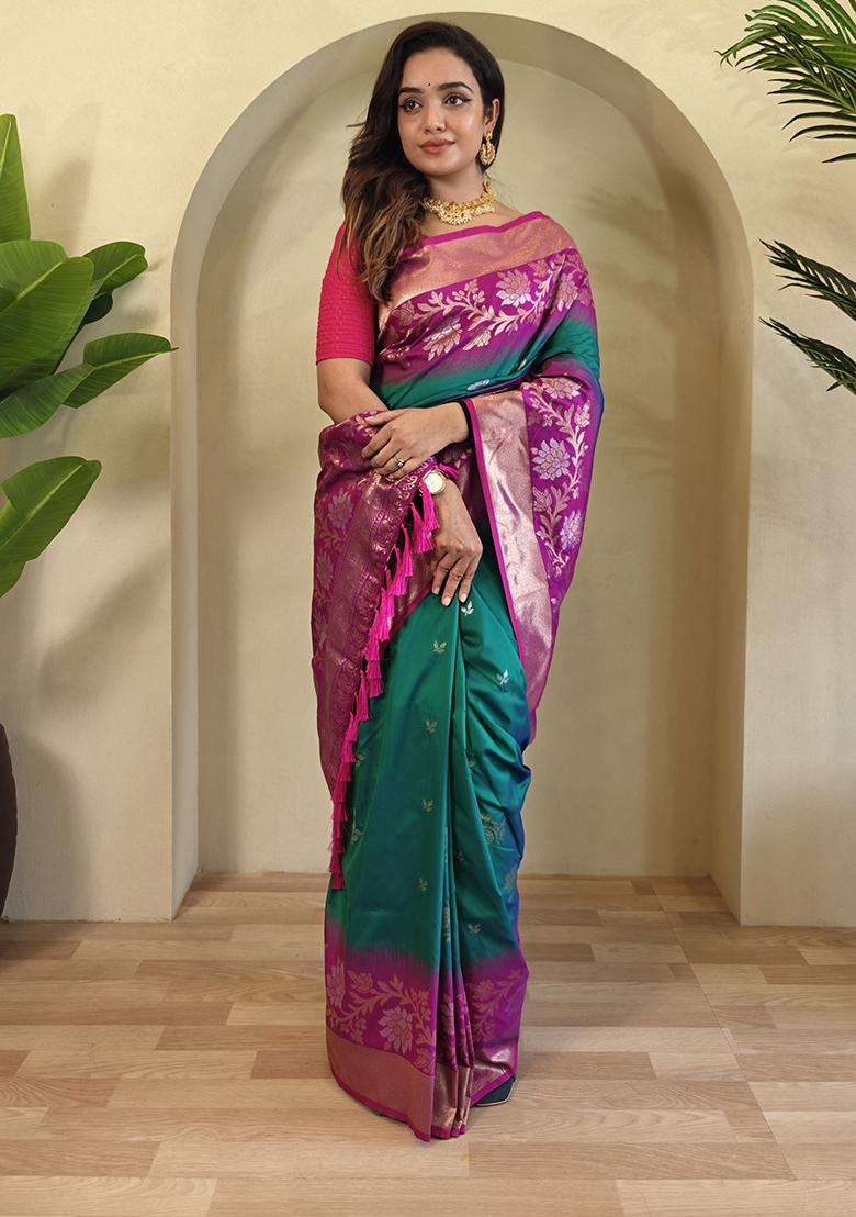 Green Embroidered Soft Silk Saree Set With Blouse