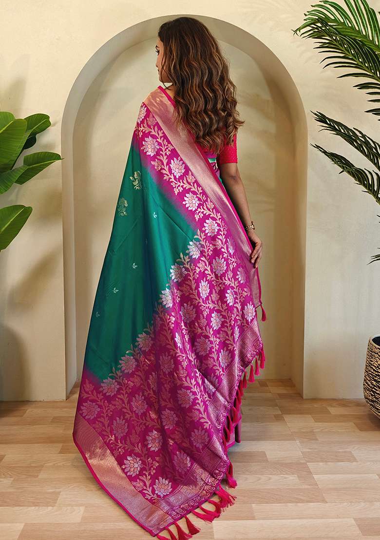 Green Embroidered Soft Silk Blend Saree Set With Blouse - Indya