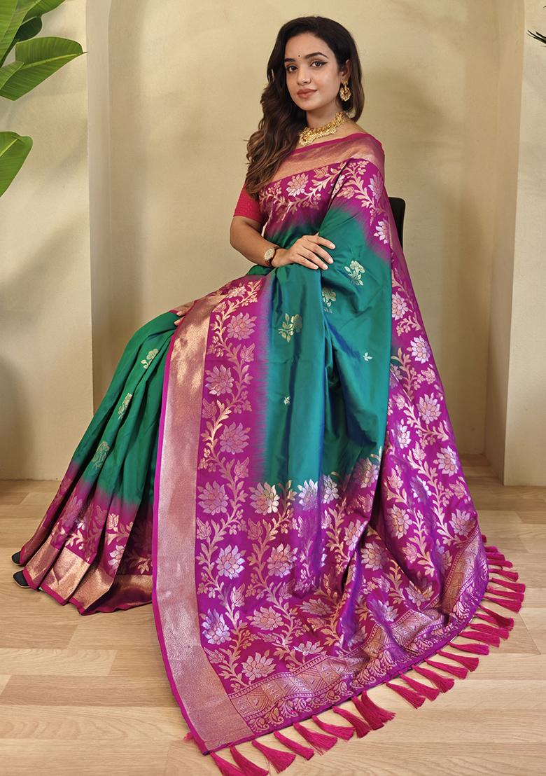 Green Embroidered Soft Silk Saree Set With Blouse