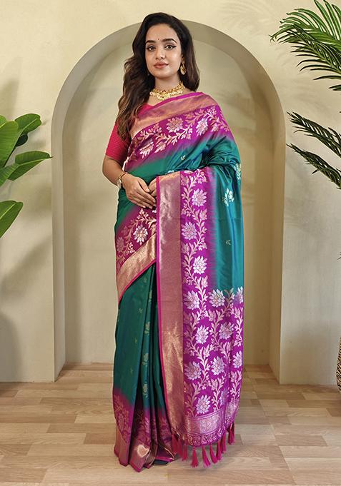 Green Embroidered Soft Silk Saree Set With Blouse