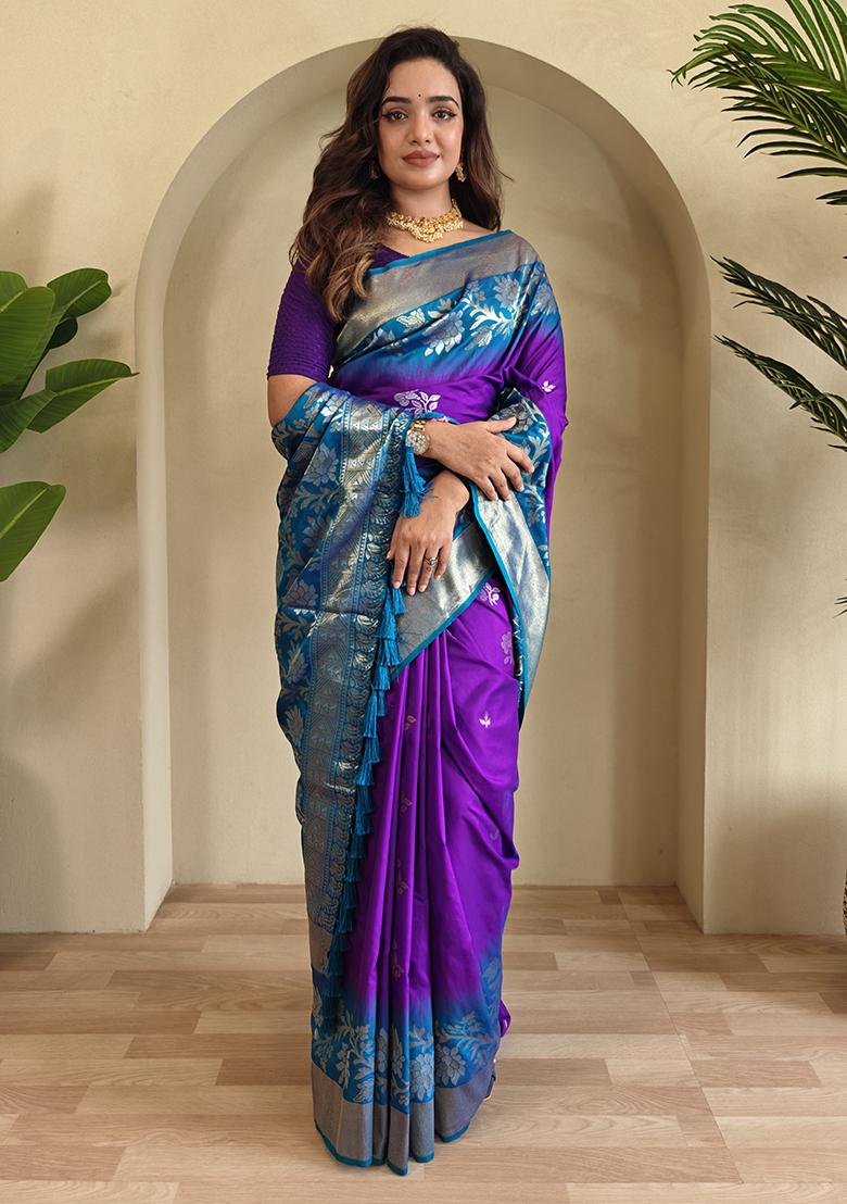 Purple Embroidered Soft Silk Saree Set With Blouse
