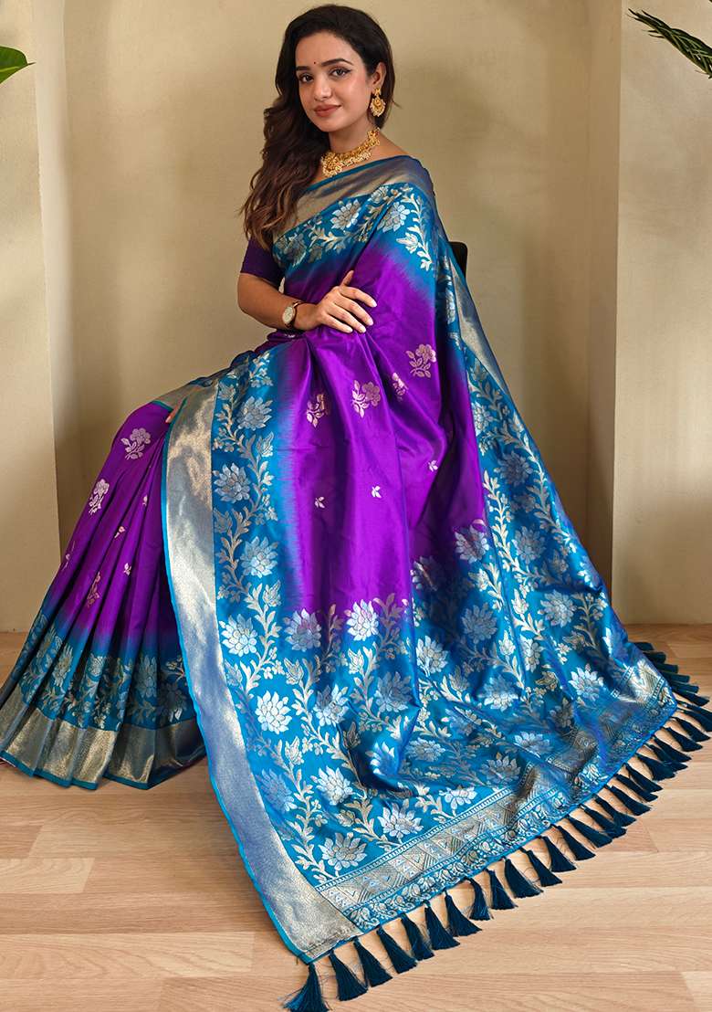 Purple Embroidered Soft Silk Blend Saree Set With Blouse - Indya