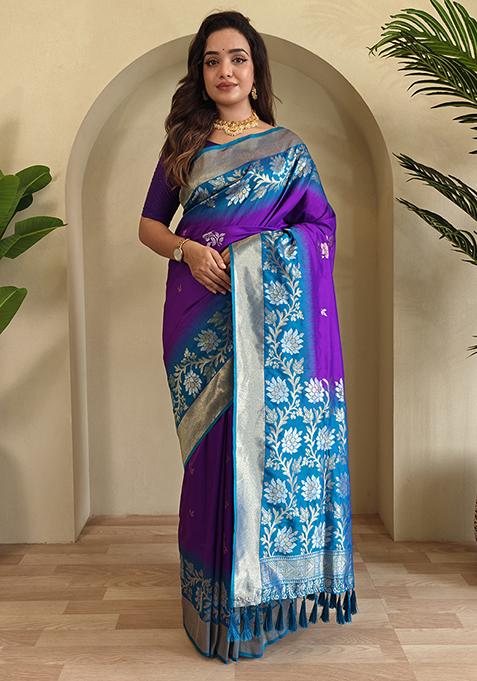 Purple Embroidered Soft Silk Saree Set With Blouse — view on Indya