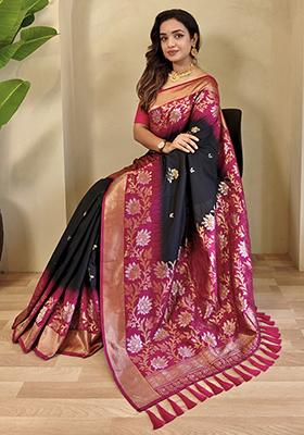 Black Embroidered Soft Silk Saree Set With Blouse