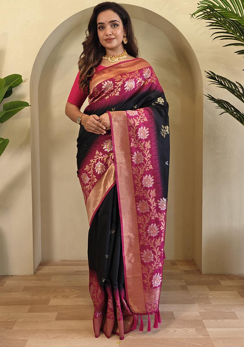 Black Embroidered Soft Silk Saree Set With Blouse