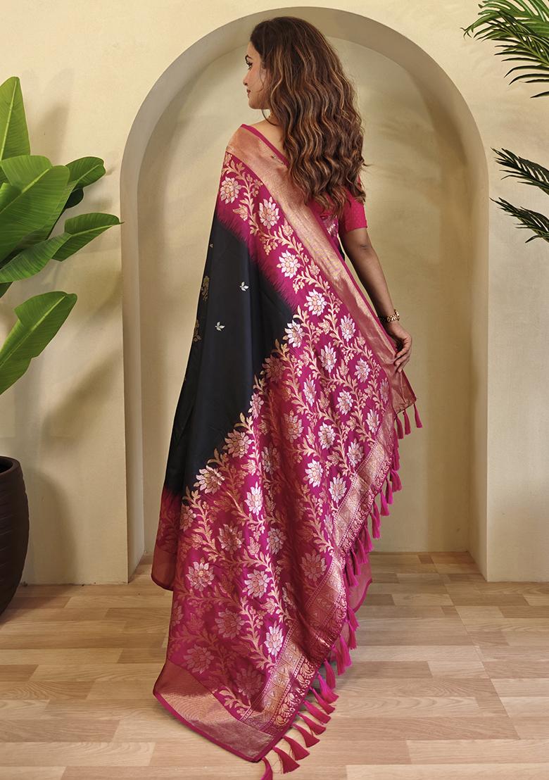 Black Embroidered Soft Silk Saree Set With Blouse